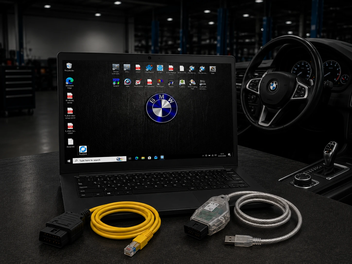 BMW diagnostic kit with laptop, ENET cable and K+DCAN cable