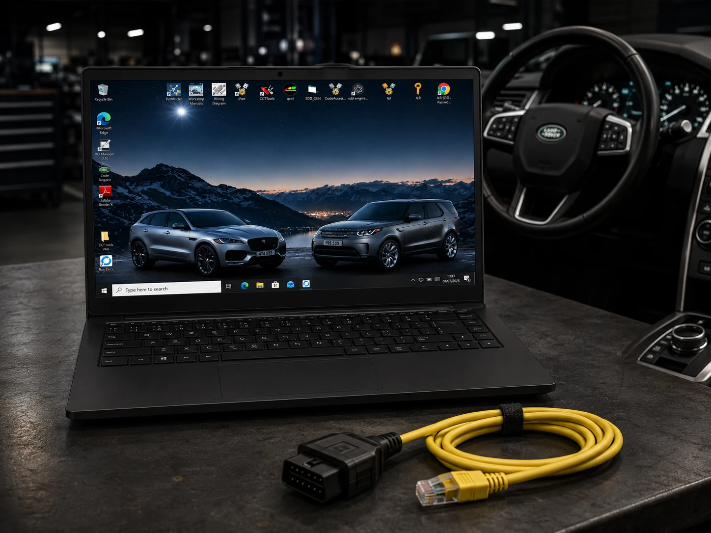 JLR Pathfinder diagnostic kit with laptop and interface cables