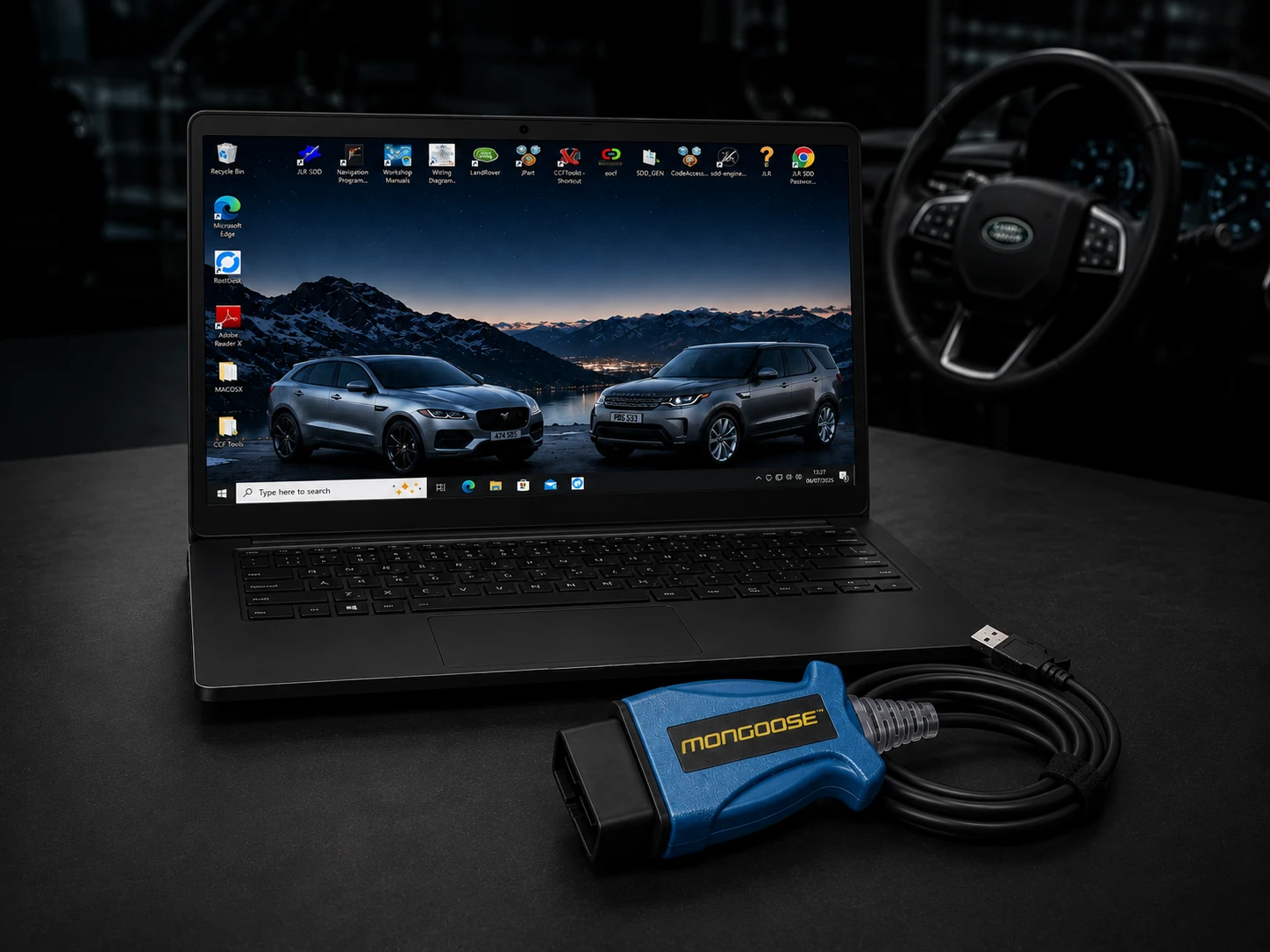 JLR SDD diagnostic kit with laptop and Mongoose interface