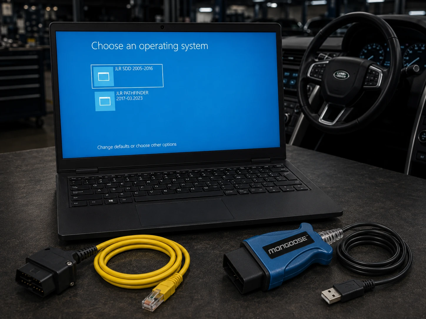 JLR SDD and Pathfinder diagnostic kit on one laptop