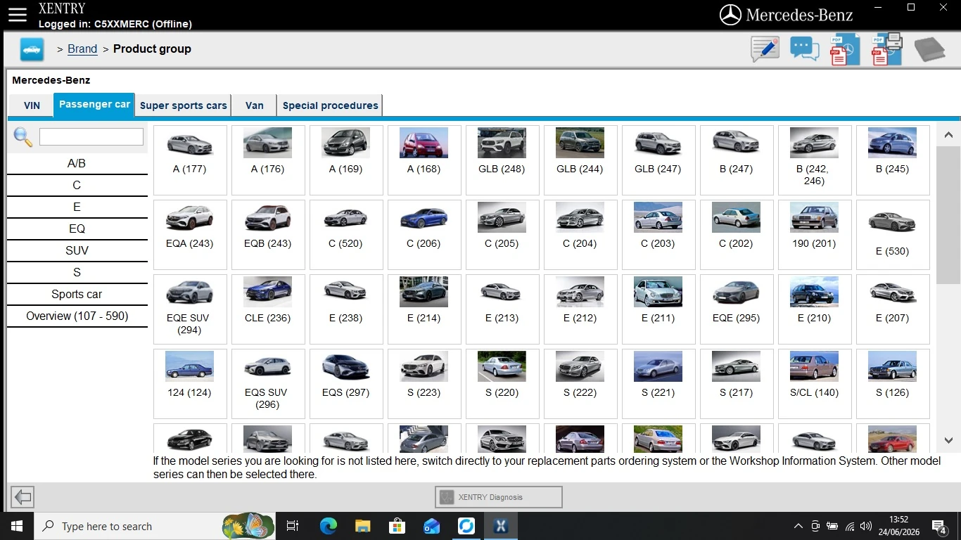Mercedes Xentry vehicle selection